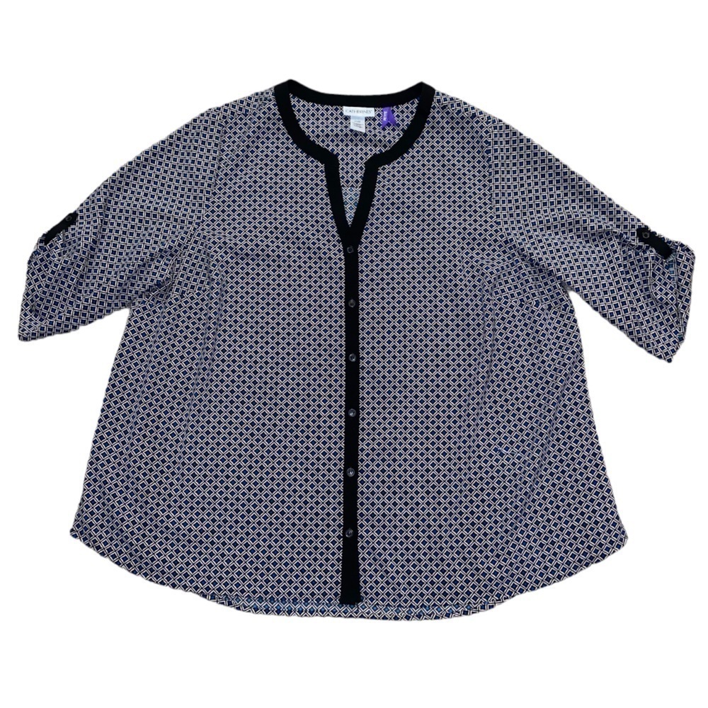 𝅺CATHERINE'S Button Down Front Geometric Print 3/4 Sleeve Blouse Shirt Top